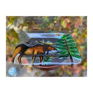 Handcrafted Glass Tray Platter Moose Evergreen Tree
